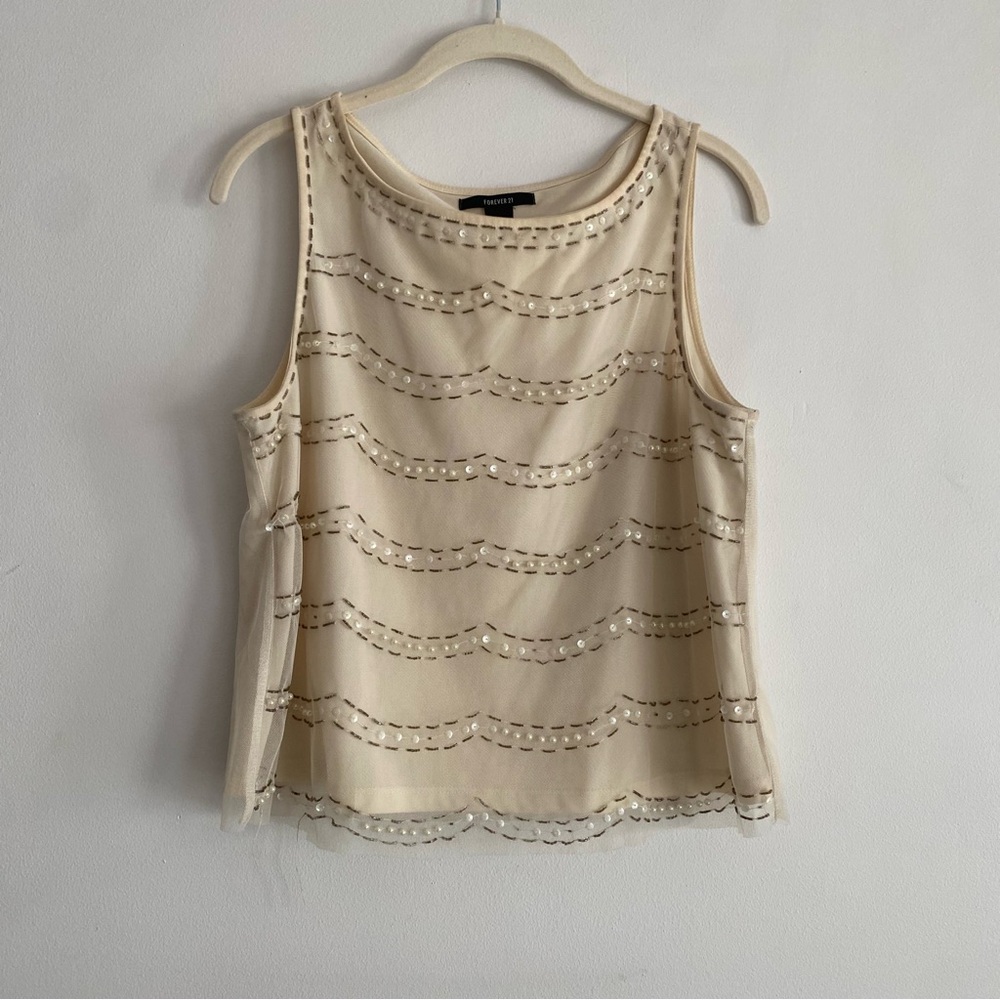Forever 21 Cream Beaded Wave Sleeveless Top